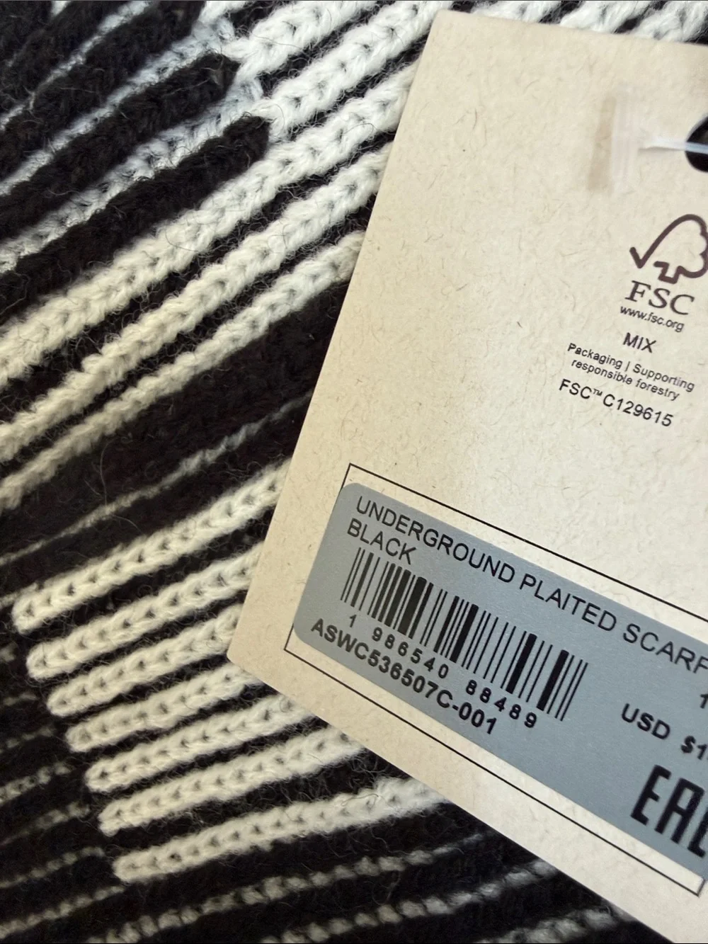AllSaints Black White Underground Plaited Scarf Knit Logo